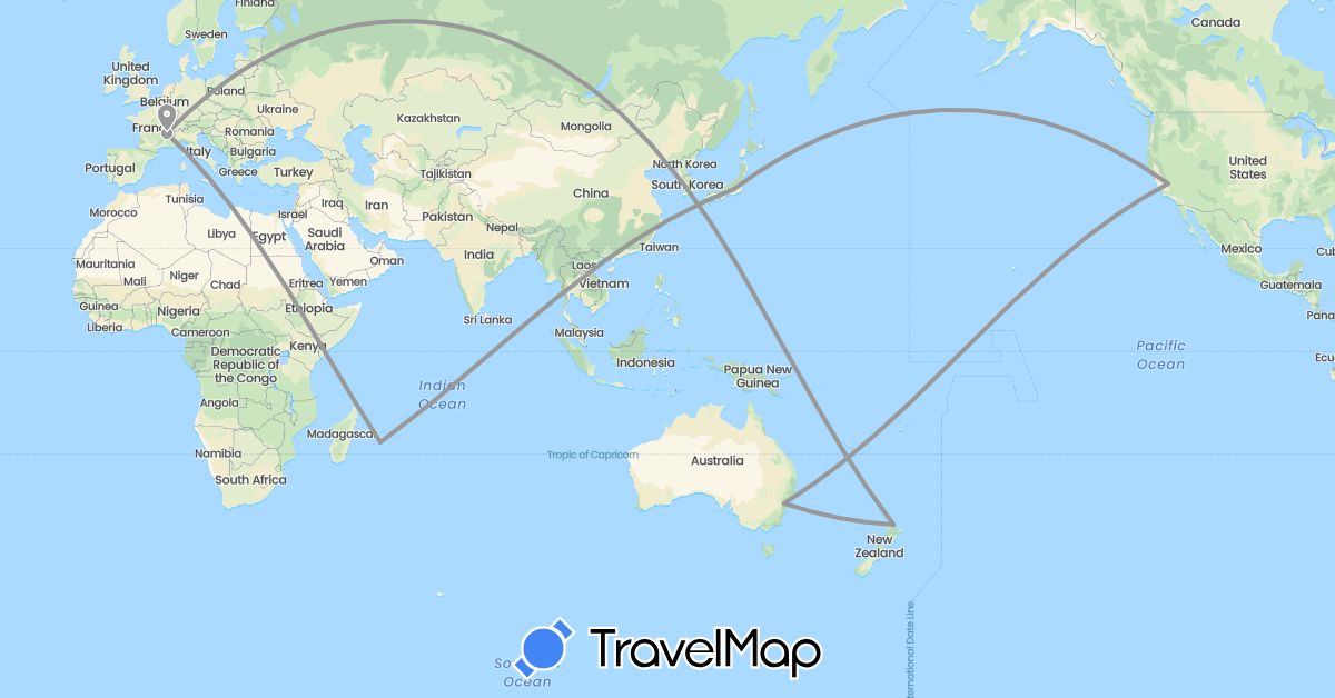 TravelMap itinerary: plane in Australia, France, New Zealand, United States (Europe, North America, Oceania)